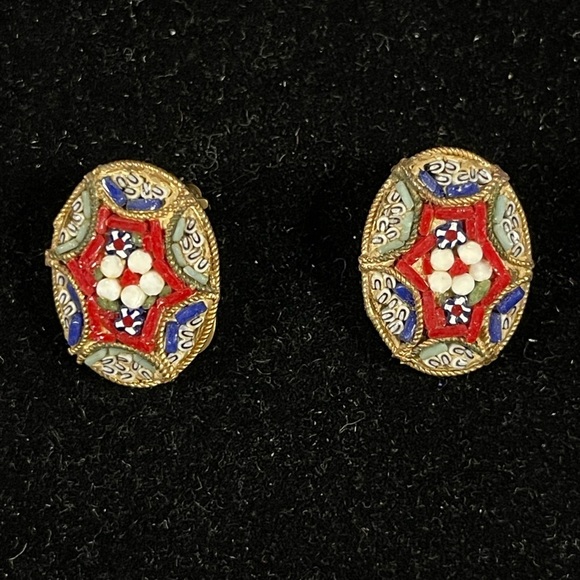 Italian Micro Mosaic Clip On Button Earrings in Brass Tone,...